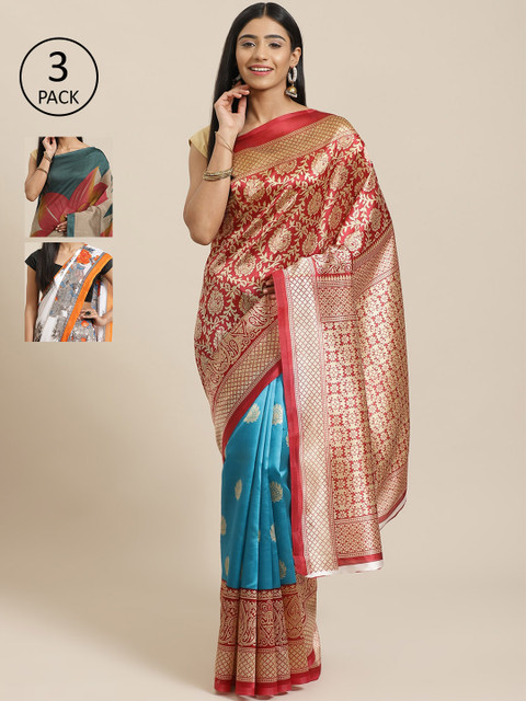

KALINI Pack of 3 Red & Blue Mysore Silk Sarees