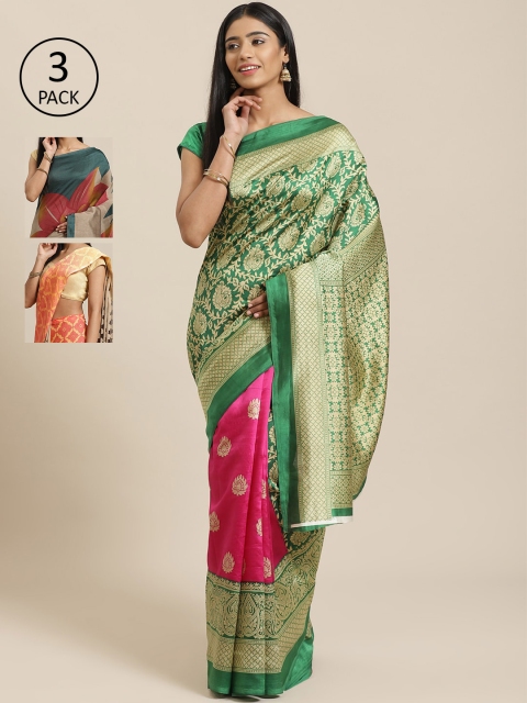 

KALINI Pack of 3 Green & Pink Mysore Silk Sarees