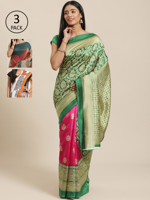 

KALINI Pack of 3 Green & Pink Mysore Silk Sarees