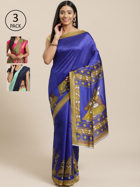 

KALINI Pack of 3 Blue & Olive Green Mysore Silk Sarees
