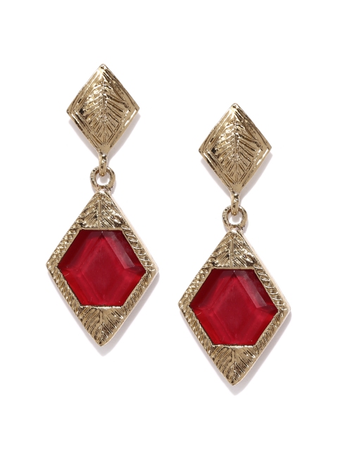 

Fida Gold-Toned & Red Textured Stone-Studded Drop Earrings