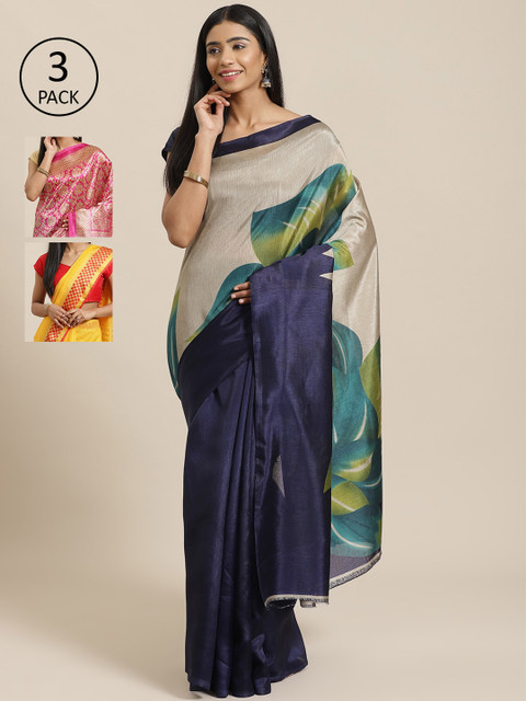 

KALINI Pack of 3 Navy Blue & Grey Mysore Silk Sarees