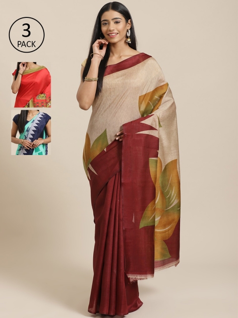 

KALINI Pack of 3 Maroon & Beige Mysore Silk Sarees