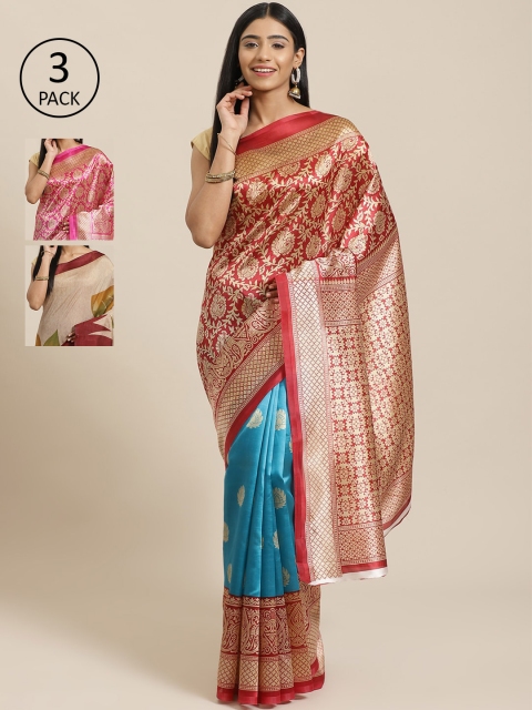

KALINI Pack of 3 Red & Blue Mysore Silk Sarees