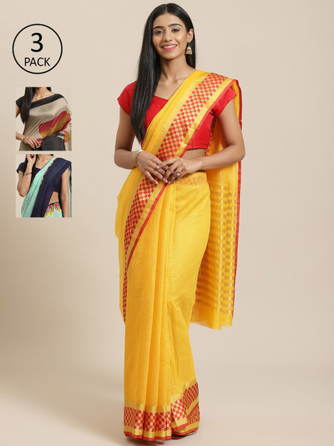 

KALINI Pack of 3 Yellow & Blue Cotton Silk Sarees