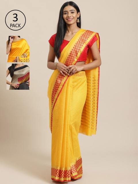 

KALINI Pack of 3 Yellow & Black Cotton Silk Sarees