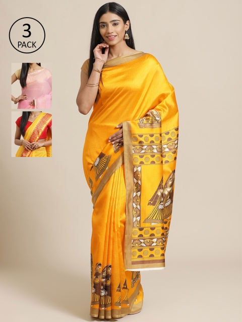

KALINI Pack of 3 Yellow & Pink Cotton Silk Sarees
