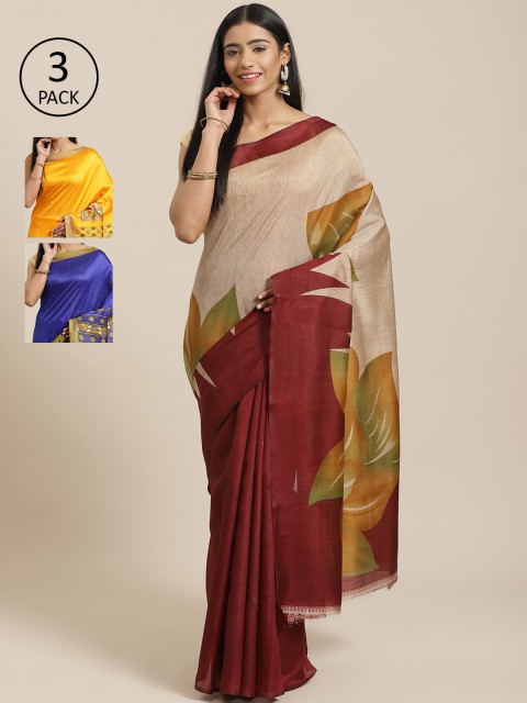 

KALINI Pack Of 3 Sarees, Beige