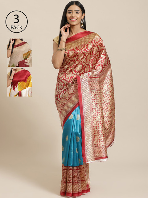 

KALINI Pack Of 3 Sarees, Red