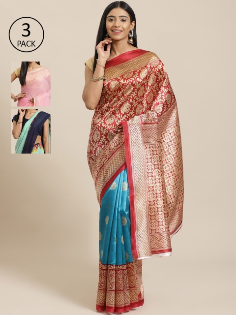 

KALINI Pack Of 3 Sarees, Red