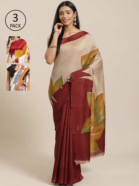 

KALINI Pack Of 3 Sarees, Beige