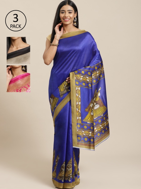

KALINI Pack of 3 Blue & Black Mysore Silk Sarees