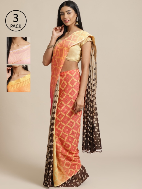 

KALINI Pack of 3 Peach-Coloured & Pink Poly Georgette Sarees