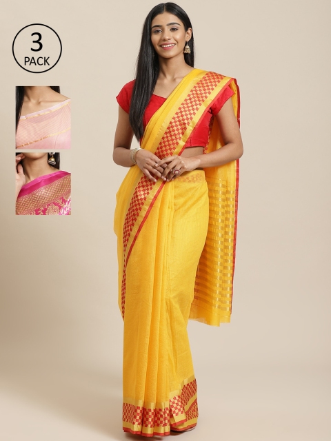 

KALINI Pack of 3 Yellow & Pink Cotton Silk Sarees