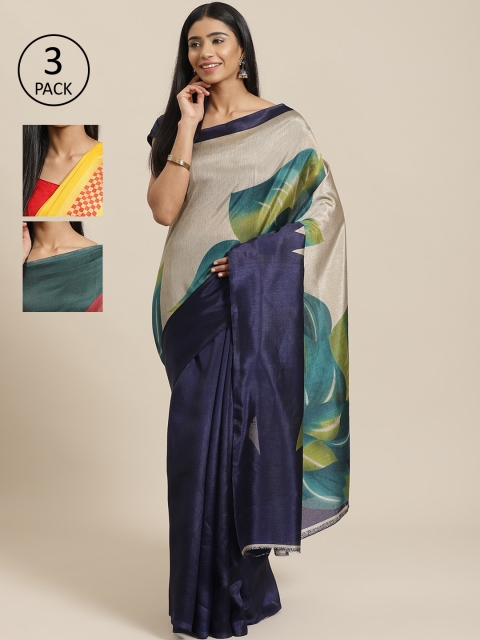 

KALINI Pack of 3 Navy Blue & Grey Mysore Silk Sarees