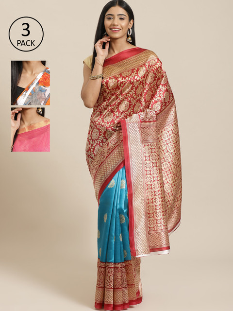 

KALINI Pack of 3 Red & Blue Mysore Silk Sarees