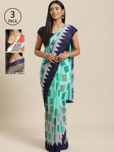 

KALINI Pack of 3 Poly Georgette Sarees, Sea green