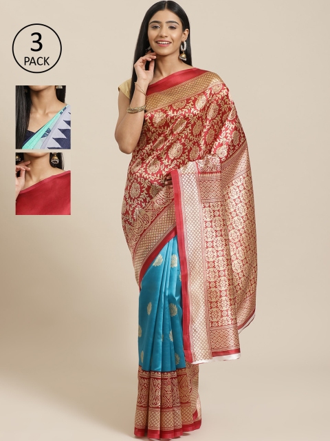 

KALINI Pack of 3 Red & Blue Mysore Silk Sarees