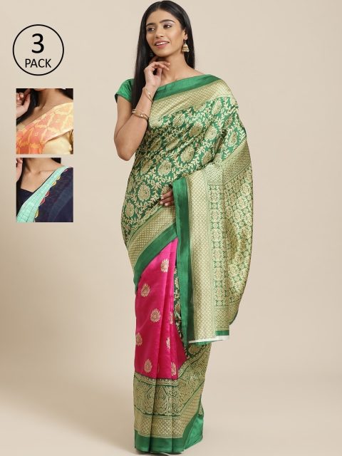

KALINI Pack of 3 Green & Pink Mysore Silk Sarees