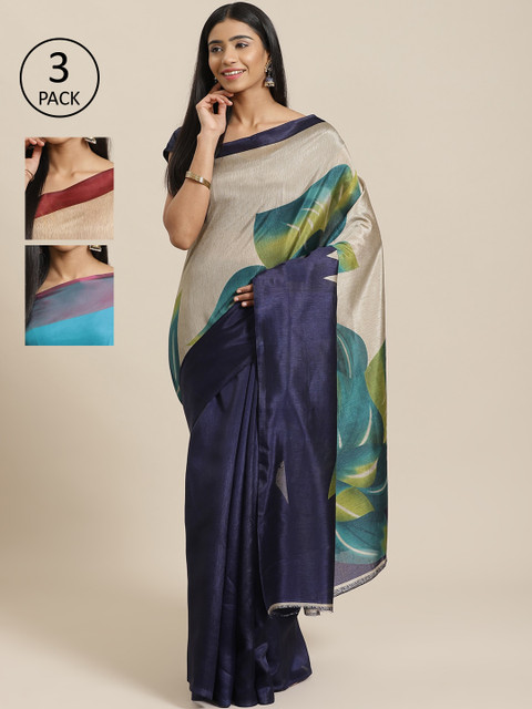 

KALINI Pack of 3 Navy Blue & Grey Mysore Silk Sarees