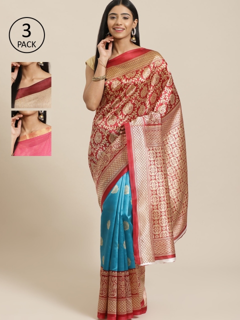 

KALINI Pack of 3 Red & Blue Mysore Silk Sarees