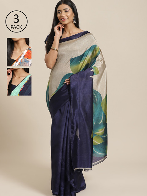 

KALINI Pack of 3 Navy Blue & Grey Mysore Silk Sarees
