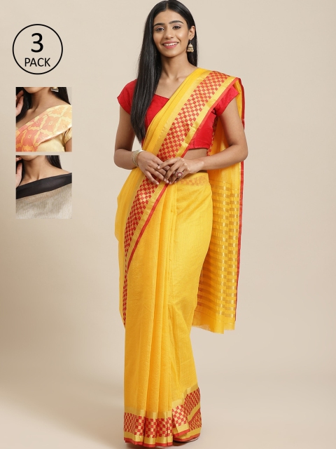 

KALINI Pack of 3 Yellow & Blue Cotton Silk Sarees