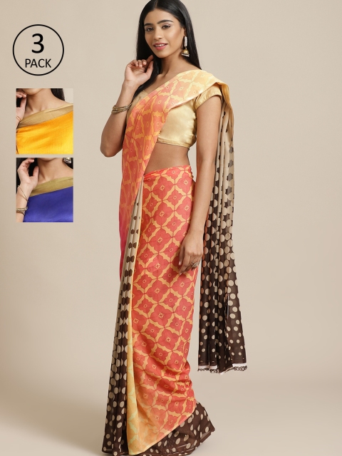 

KALINI Pack of 3 Peach-Coloured & Pink Poly Georgette Sarees