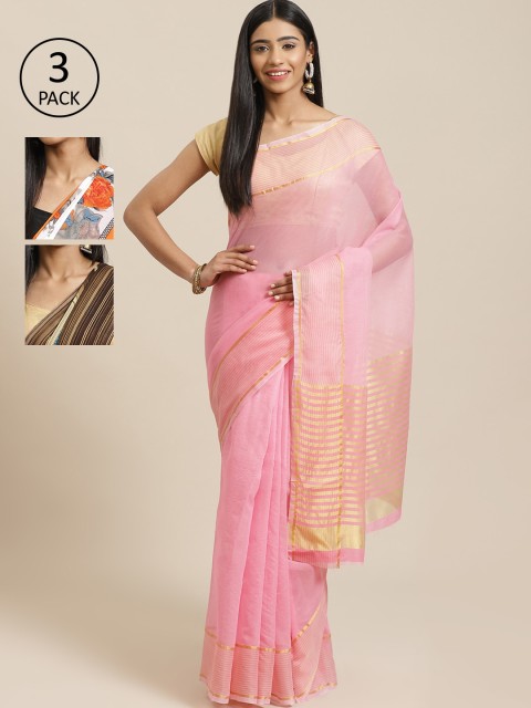 

KALINI Pack of 3 Peach-Coloured & Pink Cotton Silk Sarees