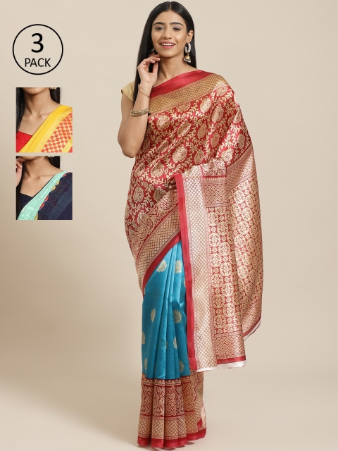 

KALINI Pack Of 3 Art Silk Printed Mysore Silk Sarees, Red