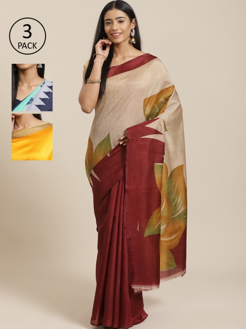 

KALINI Pack Of 3 Art Silk Printed Mysore Silk Sarees, Beige