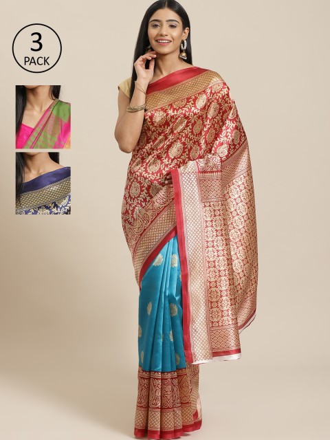 

KALINI Pack Of 3 Art Silk Printed Mysore Silk Sarees, Red