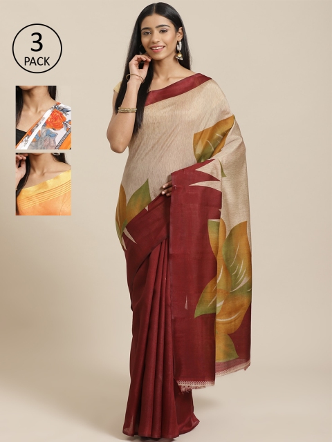

KALINI Pack Of 3 Art Silk Printed Mysore Silk Sarees, Beige