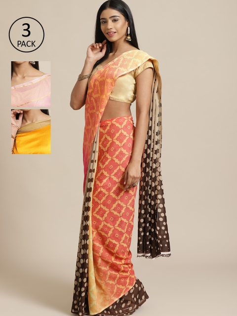 

KALINI Pack Of 3 Art Silk Printed Mysore Silk Sarees, Peach