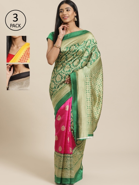 

KALINI Pack Of 3 Printed Mysore Silk Sarees, Green