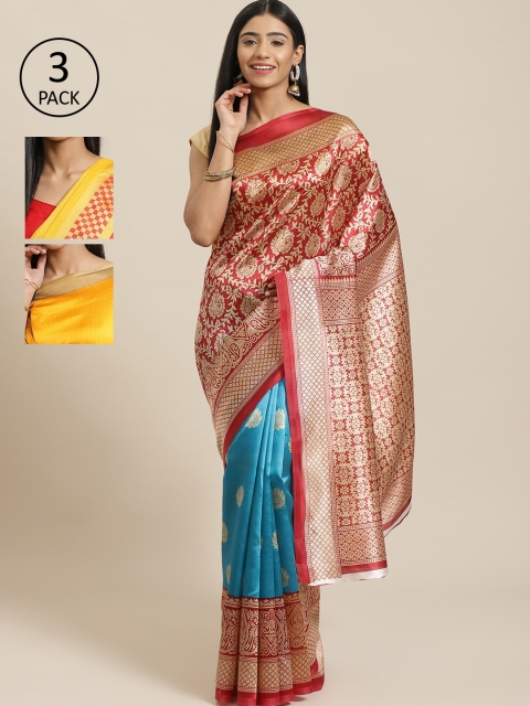

KALINI Pack Of 3 Art Silk Printed Mysore Silk Sarees, Red
