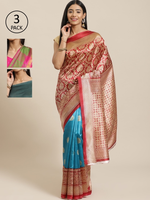 

KALINI Pack Of 3 Art Silk Printed Mysore Silk Sarees, Red