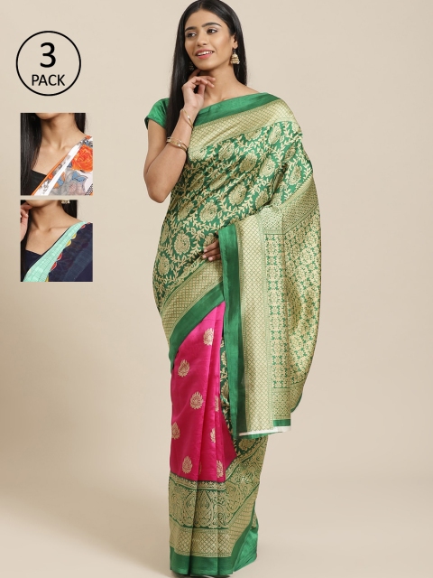 

KALINI Pack Of 3 Art Silk Printed Mysore Silk Sarees, Green