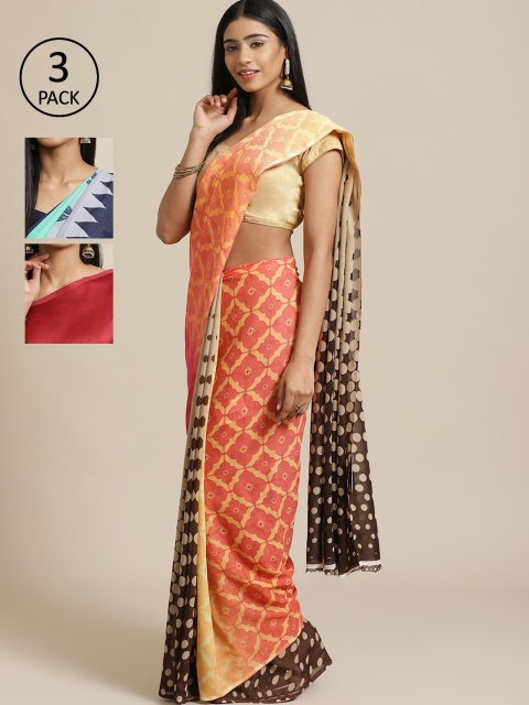 

KALINI Pack Of 3 Art Silk Printed Mysore Silk Sarees, Peach