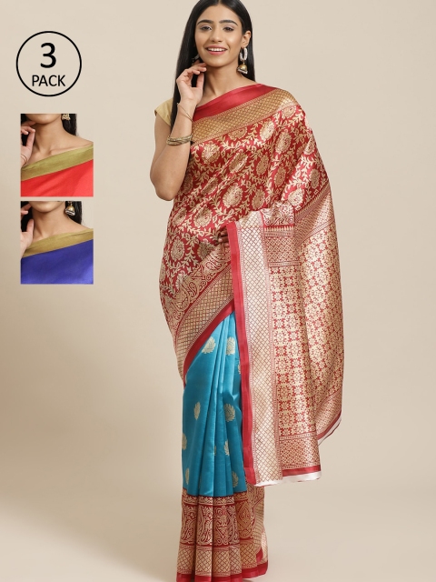 

KALINI Pack Of 3 Art Silk Printed Mysore Silk Sarees, Red