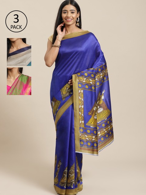 

KALINI Pack Of 3 Art Silk Printed Mysore Silk Sarees, Blue