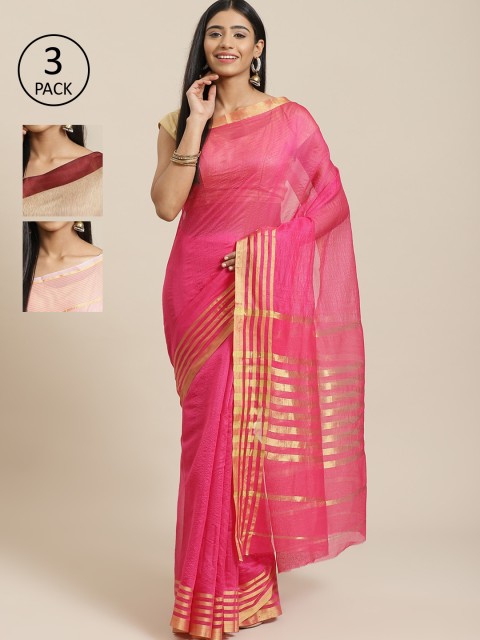 

KALINI Pack Of 3 Art Silk Printed Mysore Silk Sarees, Pink