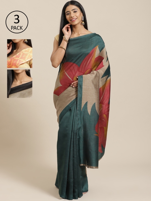 

KALINI Pack Of 3 Art Silk Printed Mysore Silk Sarees, Teal