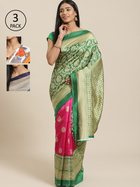 

KALINI Pack Of 3 Printed Mysore Silk Sarees, Green