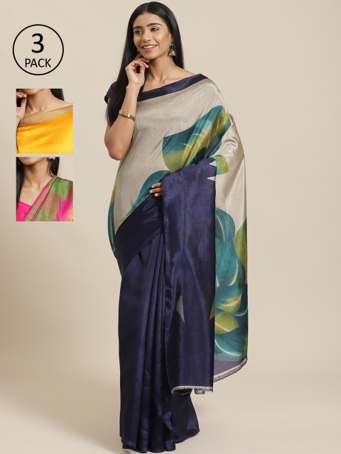 

KALINI Pack Of 3 Art Silk Printed Mysore Silk Sarees, Navy blue