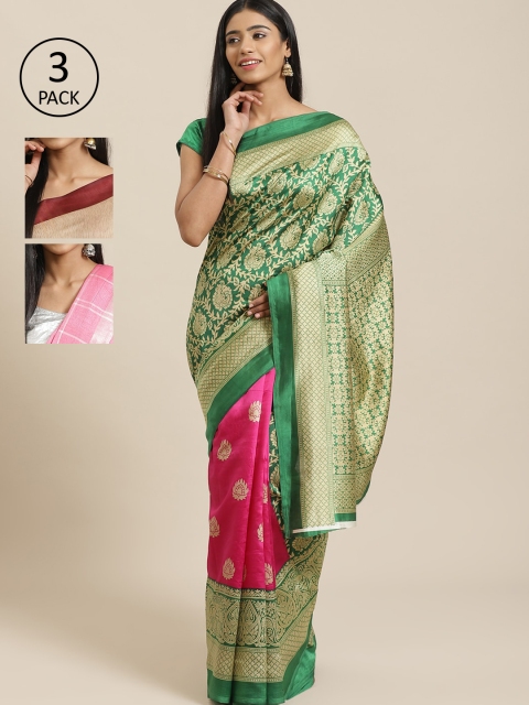 

KALINI Pack Of 3 Art Silk Printed Mysore Silk Sarees, Green