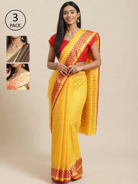 

KALINI Pack Of 3 Art Silk Printed Mysore Silk Sarees, Yellow