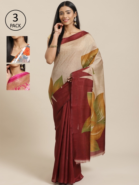 

KALINI Pack Of 3 Art Silk Printed Mysore Silk Sarees, Beige