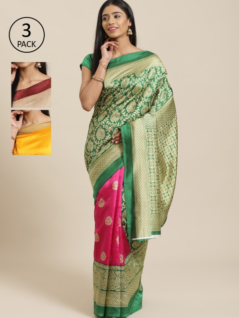 

KALINI Pack Of 3 Art Silk Printed Mysore Silk Sarees, Green