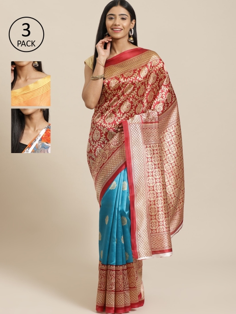 

KALINI Pack Of 3 Printed Mysore Silk Sarees, Red